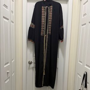 Black Embroidered Maxi Dress with Tassel Trim